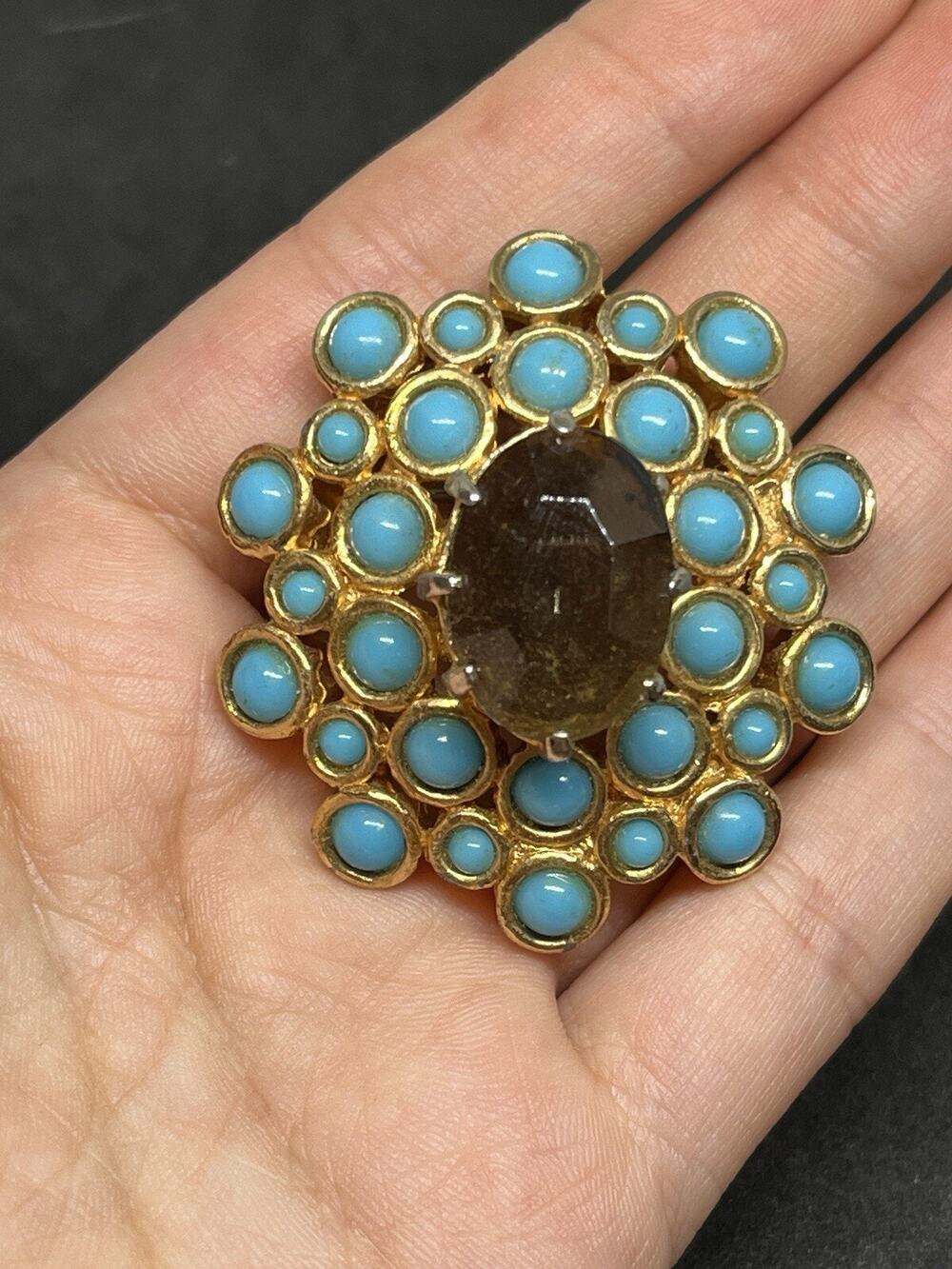 Vintage Gold Tone DeNicola Oval Faux Turquoise Grey Rhinestone Brooch Pin Rare